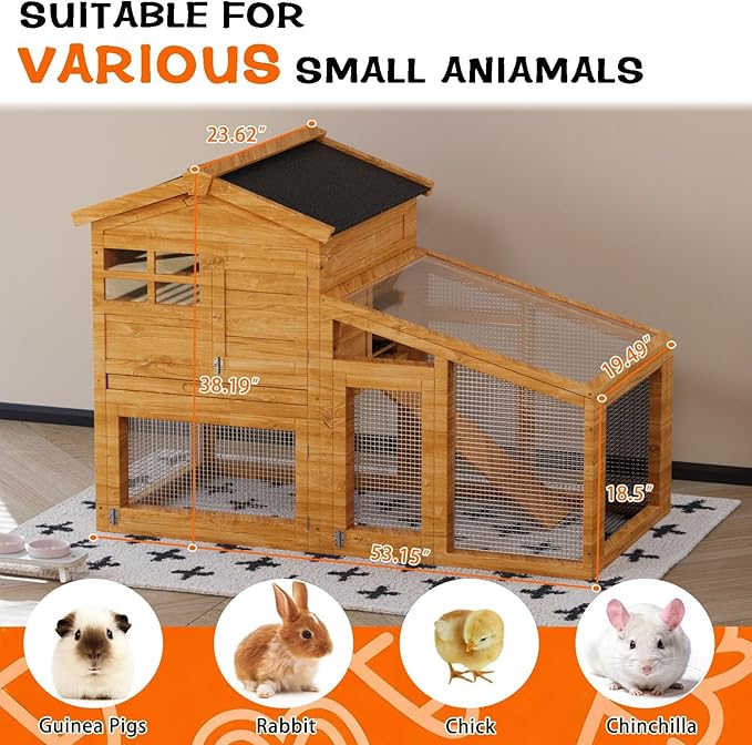 GarveeLife Rabbit Cage, Outdoor Weatherproof Bunny House Wooden, Indoor Bunny Cage with Run, Rabbit Hutch with Removable Tray, Grid Fences, Ramp 53.15" L x 23.62W 37.8" H Wood Color