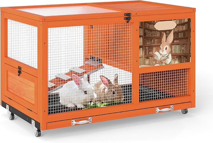 COZIWOW 36.5-Inch Double-Decker Wooden Rabbit Hutch with Wheels, Featuring A Cleaning Tray and Ladder—Stylish and Easy to Assemble（Orange and Pattern）