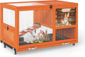 COZIWOW 36.5-Inch Double-Decker Wooden Rabbit Hutch with Wheels, Featuring A Cleaning Tray and Ladder—Stylish and Easy to Assemble（Orange and Pattern）