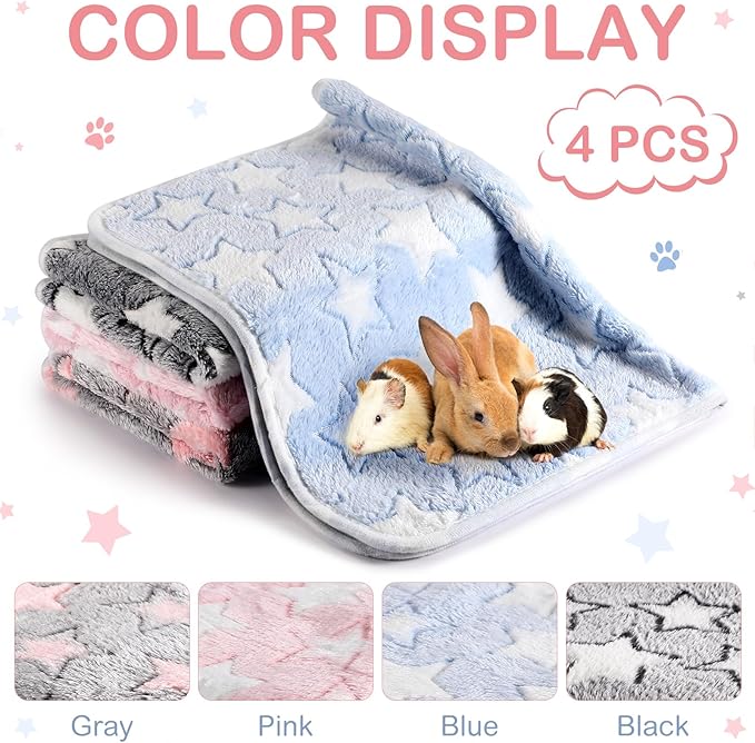 Reginary 4 Pcs Waterproof Guinea Pig Blankets Washable Small Animal Fleece Bedding Guinea Pig Cage Liners Reusable Training Pads Pet Pee Pad Sleep Mat for Hamster(Cute Star Pattern,35 x 24 Inch)