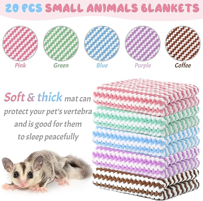 Moukeren 20Pcs Guinea Pig Fleece Bedding Blankets Bulk Washable Small Animal Fleece Cage Liners Pet Wash Cloth Sleeping Mat Cover for Hamster Chinchilla Rabbit Hedgehog(Multicolor, 12 x 12 Inch)