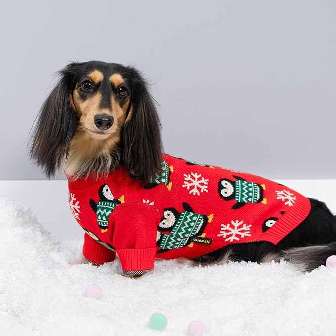 Fitwarm Funny Penguins Dog Ugly Christmas Sweater, Winter Dog Clothes for Small Dogs Girl Boy, Pet Xmas Outfit, Green, Red, White, XL