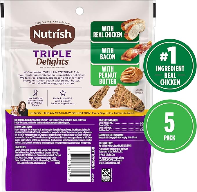 Nutrish Triple Delights Premium Dog Treats with Real Chicken, Bacon, and Peanut Butter, 4.5 oz. Pouch, Pack of 5