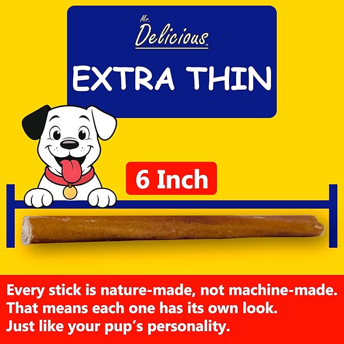Mr. Delicious Bully Sticks for Dogs (10 Count, 6 Inch Extra Thin), Consistent Thickness, All Natural, Grass Fed, Rawhide-Free, Single Ingredient, Long Lasting Dog Chews