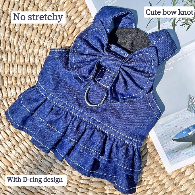 ANIAC Denim Dog Dresses for Small Dogs Puppy Girl Clothes with Leash Ring and Cute Bow Knot Summer Cat Apparel with D-Ring Blue Girl Dog Clothes (Dark Blue,Small)