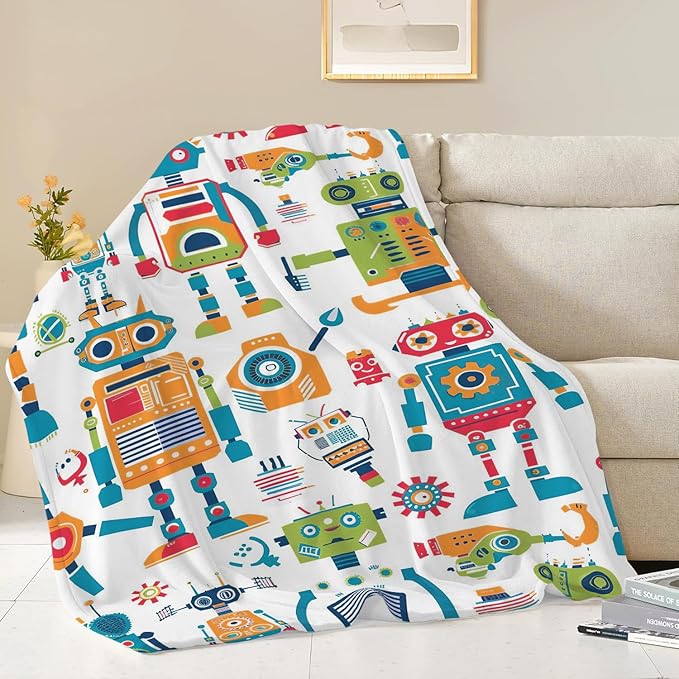Robot Throw Blanket Cartoon Robot Machine Gifts for Kids Teens Girls Boys Adults Soft Cozy Warm Plush Fluffy Fuzzy Fleece Blanket Birthday Festival Decor 40''X50''