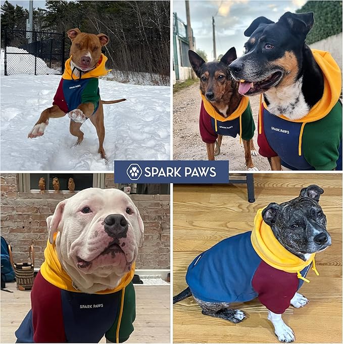 Spark Paws Dog Hoodie – Premium Dog Sweater for Small, Medium, and Large Dogs | Warm Outfits for French Bulldogs, Pitbull, Puppy, Winter Jacket Alternative - Primary Color Block - 3XL