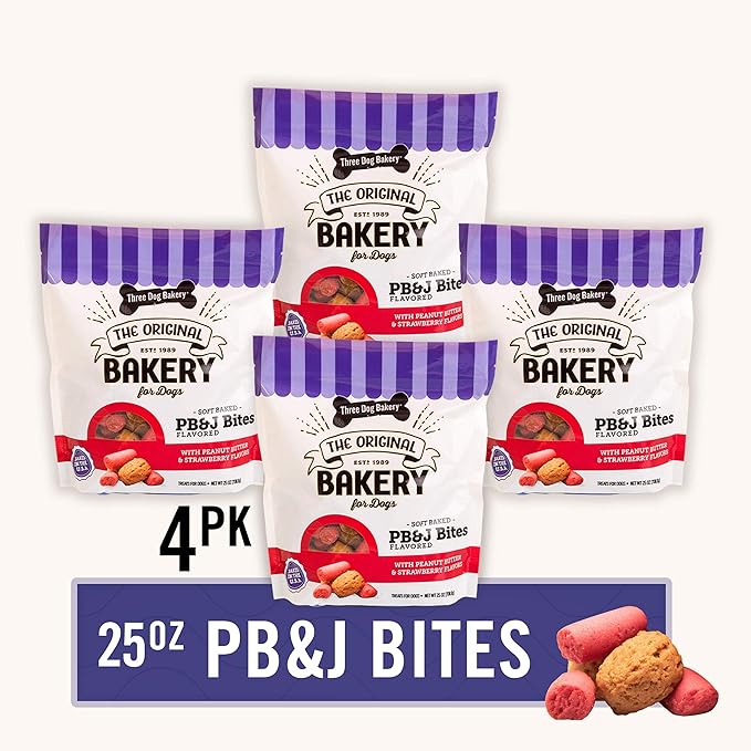 Three Dog Bakery Soft Baked PB&J Bites, Peanut Butter & Strawberry Flavor, Premium Treats for Dogs, 24 Ounce Box, 4-Pack