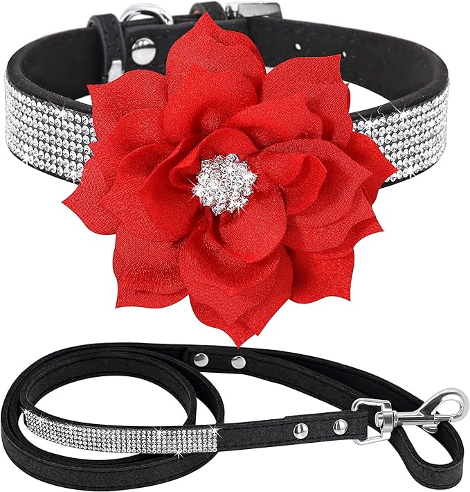 Cute Dazzling Sparkling Elegant Fancy Soft Suede Leather Bling Rhinestone Crystal Jeweled Pet Cat Dog Puppy Collar Dog Leash Combo Set (S(Neck 10-12.5"), Black-6)