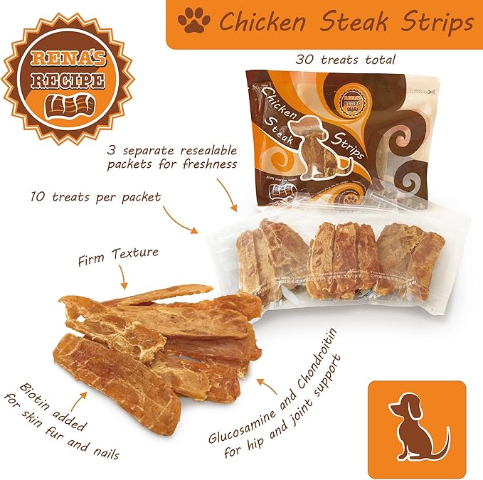 Rena's Recipe Soft Chicken Steak Strips Dog Treats – 30 Count (10 per Pack), Rawhide Free High Protein Training Treats Made from Cage-Free Chicken with Glucosamine, Chondroitin & Biotin, 100 g × 3 Packs