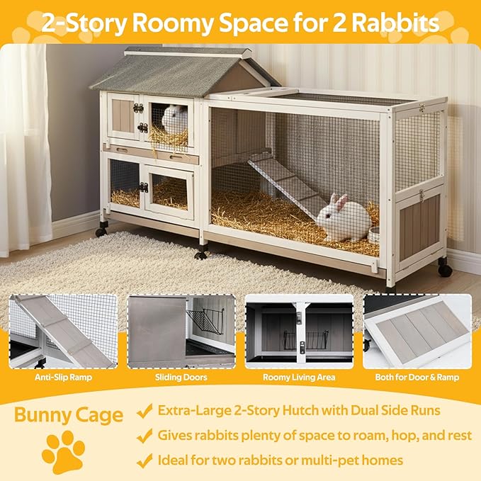 PetsCosset Rabbit Hutch Outdoor Bunny Hutch 2-Story Wooden Indoor Rabbit Cage with Run, 6 Wheels, Waterproof 3 Leak Proof Trays, Ramp, Weatherproof Asphalt Roof for Animals Pets, Expandable Design