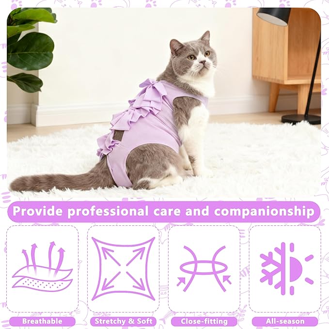 Cat Recovery Suit Anti Licking, Cats Surgery Recovery Suit Female Kitten Onesie After Spay, Cone of Shame Alternative, Post-Surgery Kitten Surgical Clothes for Abdominal Wounds,Kont Purple,M