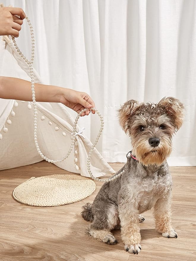 QWINEE Pearl Beaded Pet Leash Cat Dog Leash Elegant Puppy Leash Pet Leash with Lockable Hooks for Small Medium Dogs Cats Kitten White One Size