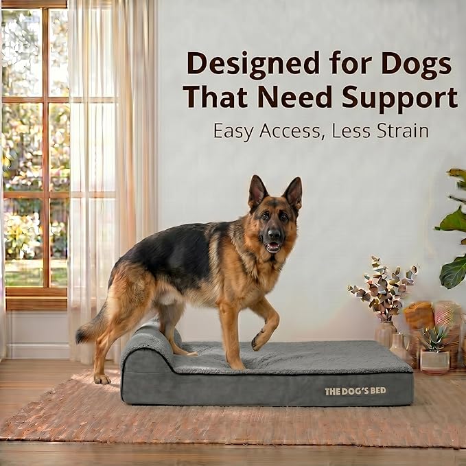 The Dog’s Bed Orthopedic Memory Foam Dog Bed with Headrest, Calming Surface – CertiPUR-Certified Foam, Plush Fabric, Grey Plush, XL, 6-Inch
