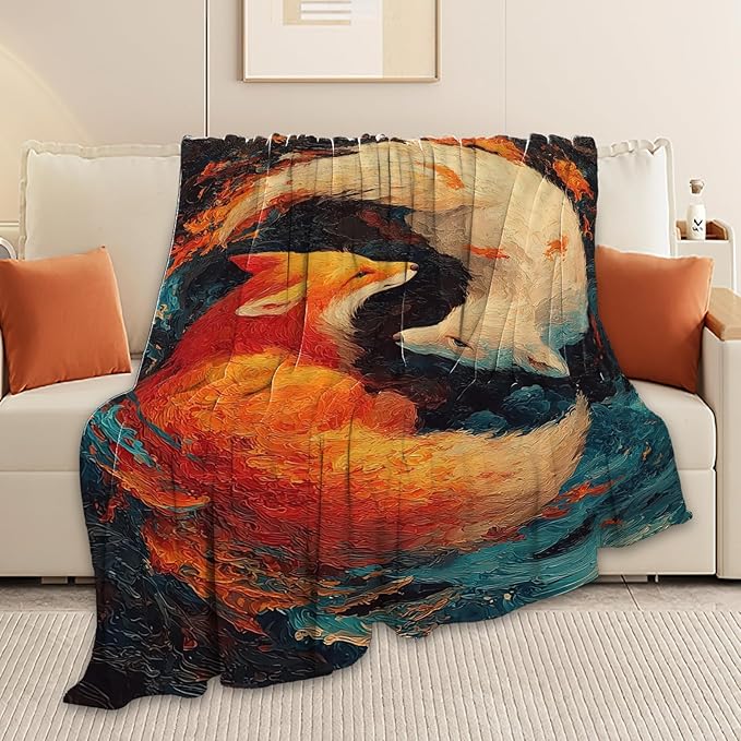 Fox Throw Blanket Orange and White Fox Stuff Gifts for Kids Girls Boys Adults Women Men Soft Cozy Warm Plush Fluffy Fuzzy Fleece Blanket Decor 60''X80''