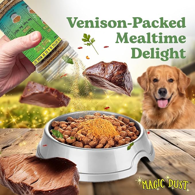 Wild Meadow Farms - Dust Venison Jerky Topper, Single Protein Pet Food Topper for Dogs & Cats, Flavor & Elevate Mealtime Excitement for Picky Eaters - 8 Ounce Bottle in Venison Flavor