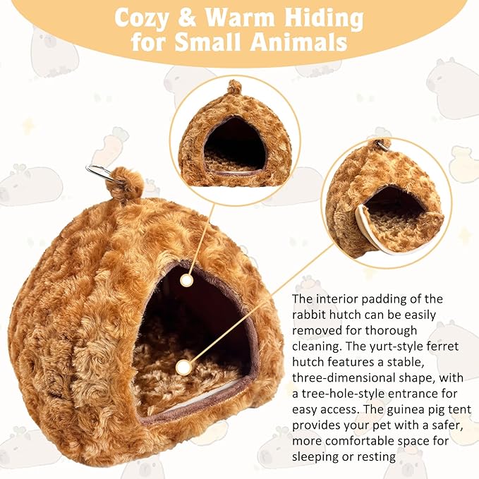 PINVNBY Guinea Pig Hideout Bed Hamster Cave Warm Bunny Bed Dwarf Rabbit House Bed Hedgehog Cage Accessories Winter Sleeping House for Hedgehog Ferret Rat Chinchilla and Other Small Animals（Brown）