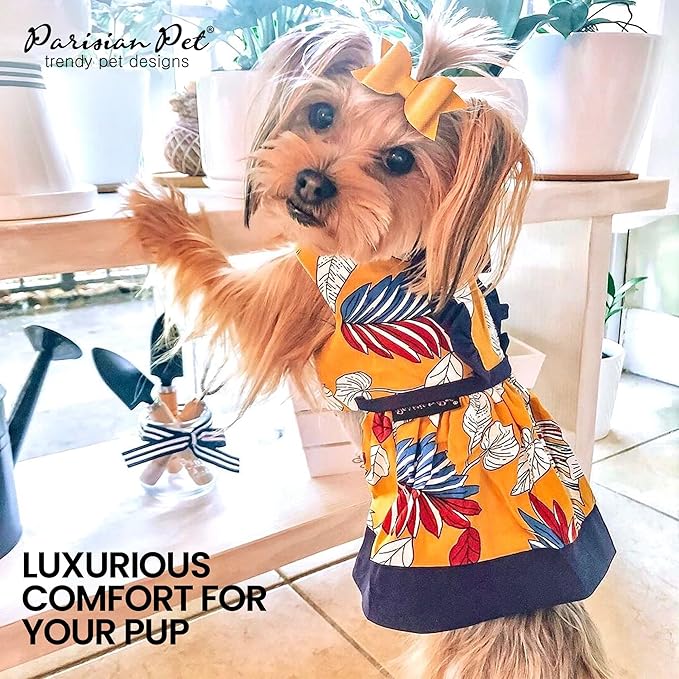 Parisian Pet Summer Dog Dress - Multicolor Clothes for Medium Dogs Girl - Pet Dress with Leaf Pattern - Stylish Printed Beach Dog Outfit - Lightweight Puppy Clothes - Sleeveless Dresses for Dogs