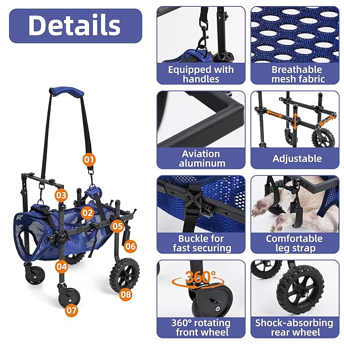 ETIAL 4-Wheel Adjustable Dog Wheelchair Cart for Disabled & Senior Dogs, Lifting Harness with 4 Usage Modes - Support Front/Rear Legs Mobility Aid for Small Breeds S