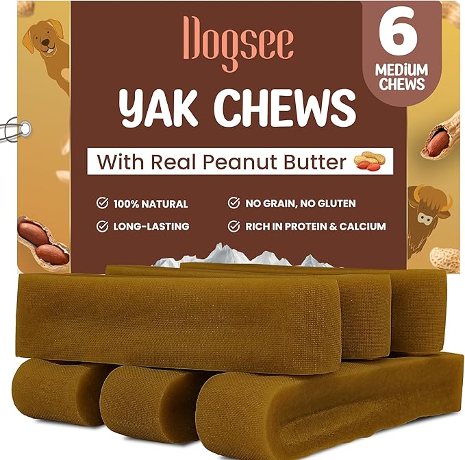 Dogsee Peanut Butter Flavor Himalayan Yak Cheese Dental Chew's for Dogs 1lb (Medium - 6 Chews) | Dog Treats Healthy | for Shiny Skin & Coat | No Grain, No Gluten | Dog Chews Rawhide Free