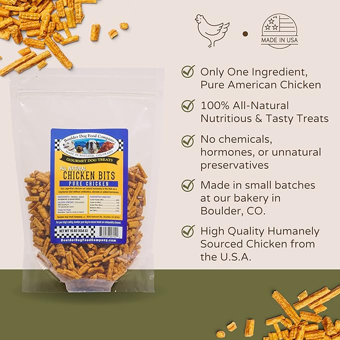 Chicken Bits Grain Free Natural Dog Treats for Small to Large Breed - Low Calorie for Training - High Value, Human Grade Meat, Healthy Dog Treats for Medium & Large Dogs (16oz)