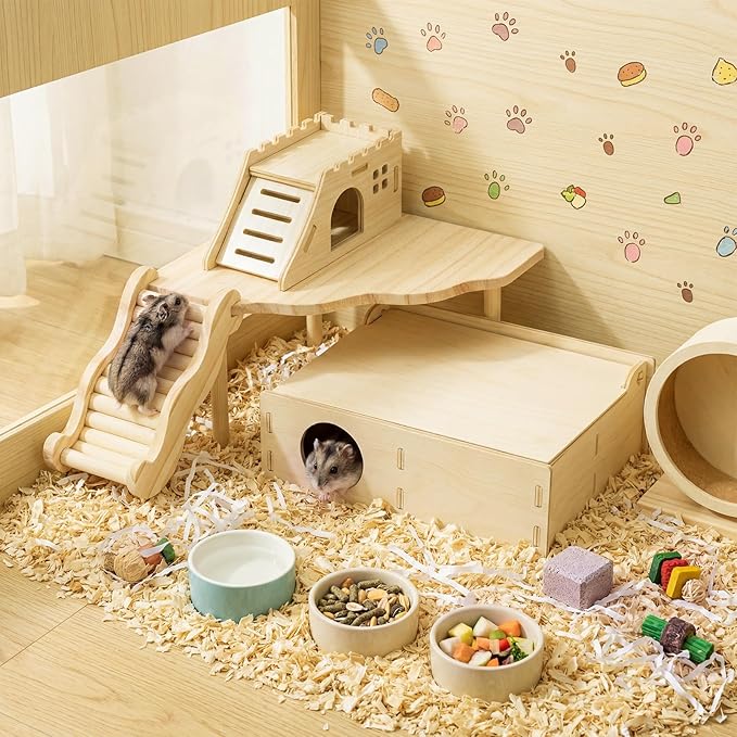 BreezeHug 4 Pcs Hamster Platform Hideout Wooden Tunnel Ladder Playhouse Hamster Game Climbing Toy with Platform Cage Accessories for Small Pets Dwarf Syrian Mice Degus Gerbils Squirrel(Castle)