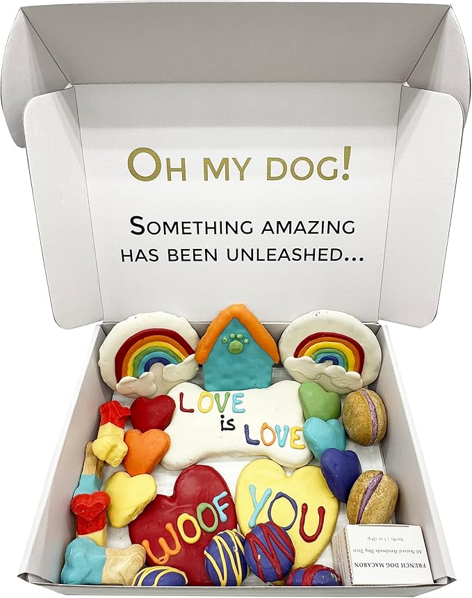 Bonne et Filou Dog Treats Gift Box Pride Themed Human Grade Gourmet 22 Luxury Treats with Dog Macarons, Truffles & Bone Cookies Healthy Snacksfor Small to Large Breeds (22 Count)