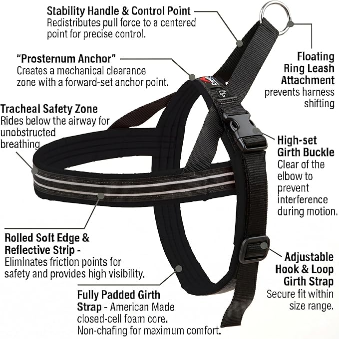 ComfortFlex Sport Dog Harness – No-Choke, Fully Padded, Non-Chafing Harness with Control Handle – Reflective, Lightweight, Adjustable for Active Dogs - Large, Raven Black