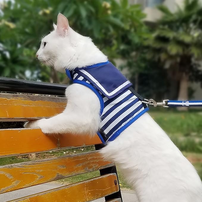 Cat Harness and Leash for Walking Escape Proof, Adjustable Cat Vest Harness, Padded Stylish Cat Walking Jackets, Sailor Suit Navy, Large