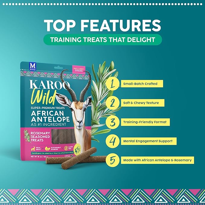 Karoo Wild Sticks Rosemary Seasoned Treats for Dogs – 16 oz – Soft & Chewy Protein Sticks Made with African Antelope – Ideal for Training & Rewarding