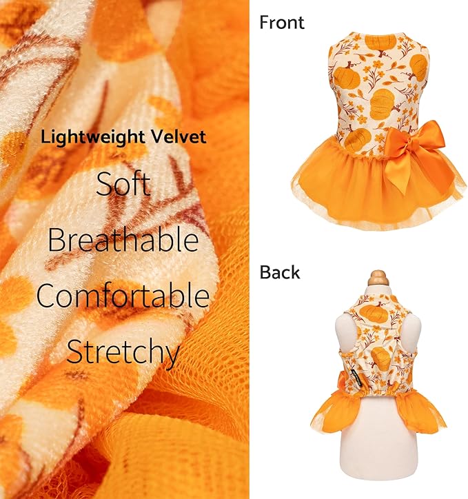 Fitwarm Pumpkin Flower Dog Dress, Thanksgiving Outfit for Small Dogs Girl, Fall Pet Outfit, Beige, Orange, Small