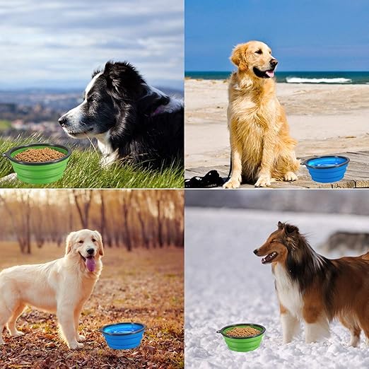 2 Pack Large Size Collapsible Dog Bowl, Food Grade Silicone BPA Free, with Carabiner Clip Foldable Expandable Cup Dish for Pet Cat Food Water Feeding Portable Travel Bowl (Blue & Green)