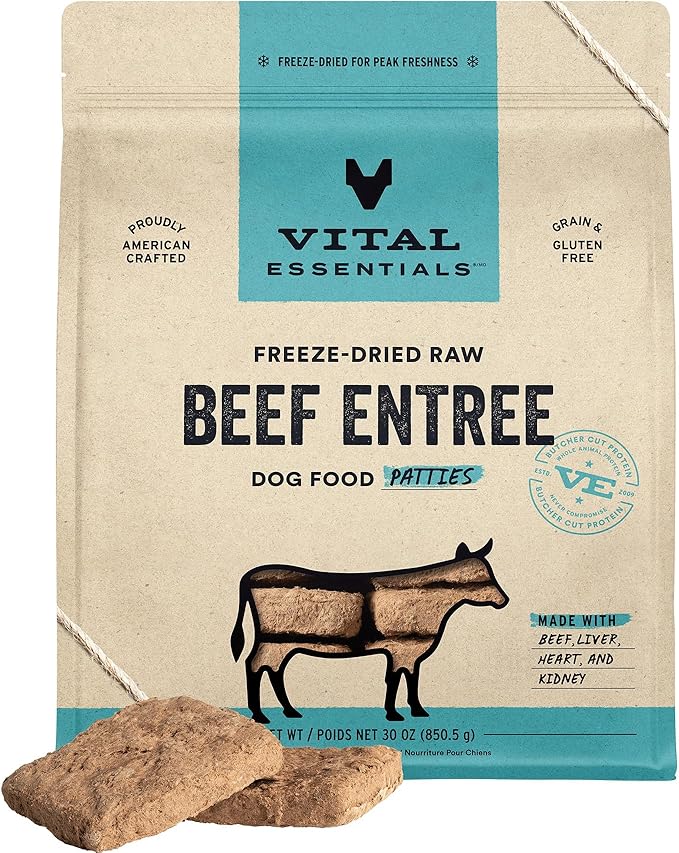 Vital Essentials Freeze Dried Dog Food, Raw Beef Patties | Complete Meal or Topper | High Protein, Grain Free Dry Dog Food | 30 oz Bag