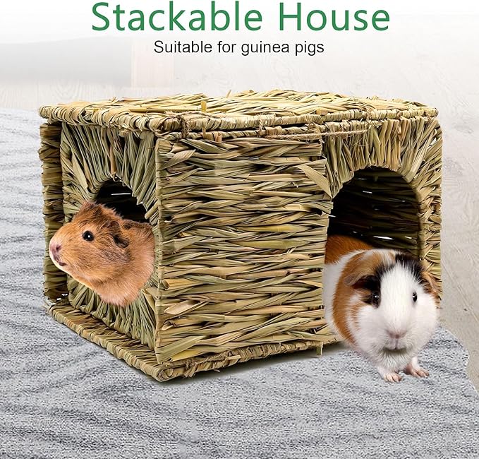 BWOGUE Large Grass House for Guinea Pigs,Hand Woven Straw Hut Foldable Small Animal Play Hideaway Bed with Double Openings Playhouse for Bunny Guinea Pig Chinchilla Ferret(2 Pack)