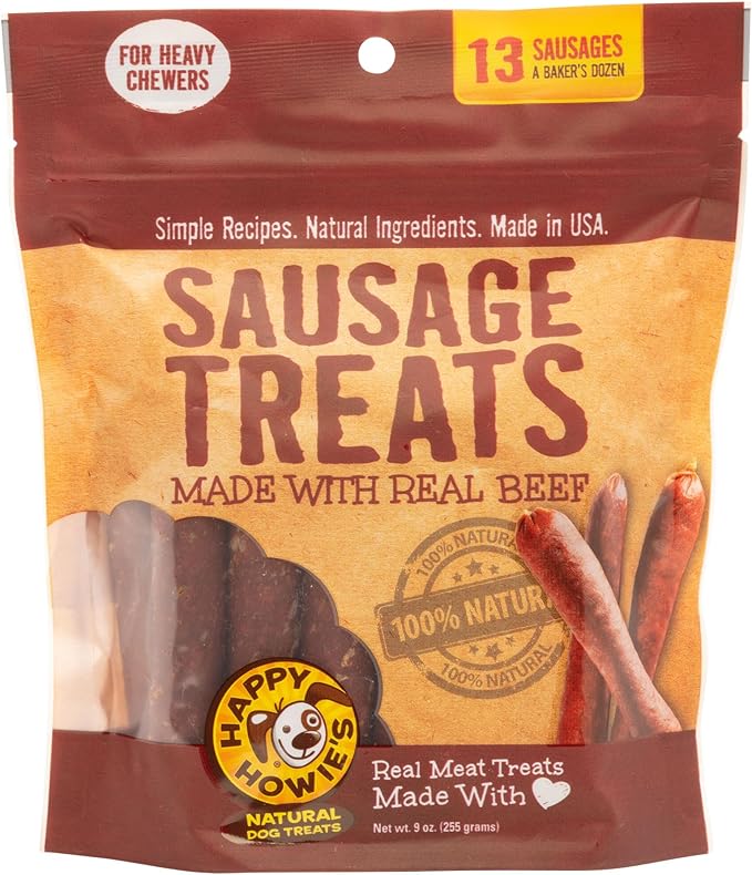 Happy Howie's Sausage Treats - Healthy Dog Treats, Flavorful Slow Cooked Beef, Natural Ingredients, Chewy Dog Treats, Hormone Free - Beef, (Pack of 1)