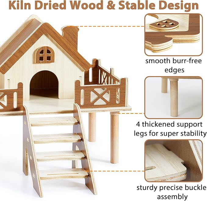 Wooden Hamster Platform and Dwarf Hamster House, Hamster Cage Platform With Climbing Ladder, Cute Syrian Hamster Hideout, Hamster Cage Accessories Platform for Putting Food Bowl, Hamster Gerbil Castle