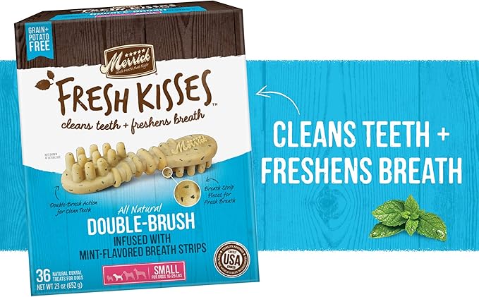 Merrick Fresh Kisses Natural Dental Chews, Toothbrush Treat Shape Infused with Real Mint, Small Dogs 15-25 Lbs - 48 ct. Box