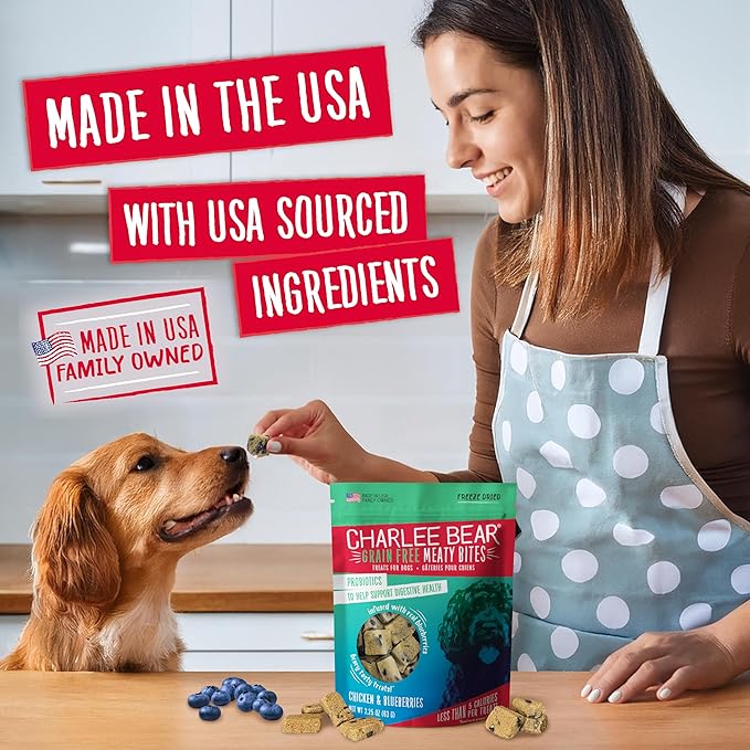 Charlee Bear Grain Free Meaty Bites Freeze Dried Dog Treats with Probiotics, Puppy Training Snacks, Soft Dog Bites Chicken with Blueberries, 2.25 oz Bags (2), Made USA
