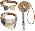 KOOLTAIL Small Dog Collar and Leash Set with Bowtie and Bells, Cute Embroidery Puppy Bandana Collar Collar and Leash with Classic Plaid Pattern,Soft Leather Tangle Free Leashes for Small Dogs,Boy Girl