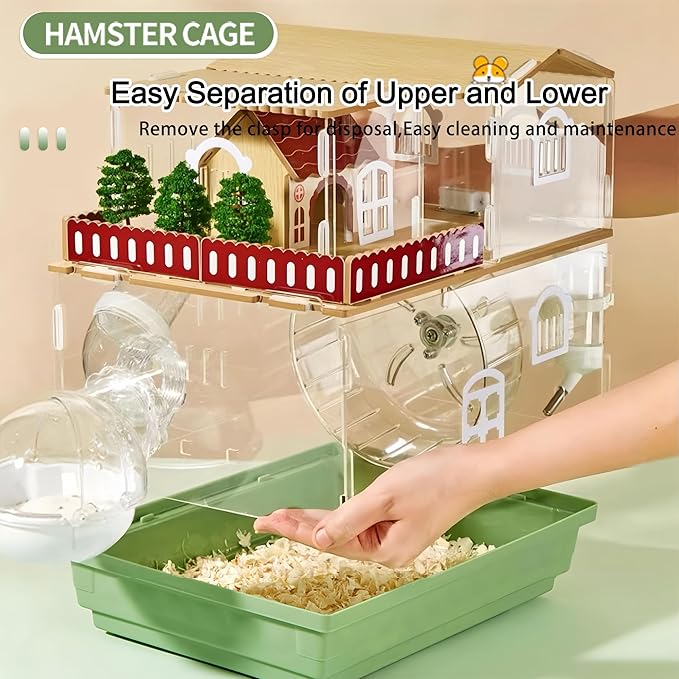 12 in 1 Clear Acrylic Hamster Cage with All Accessories,13.5''L* 10''W* 15''H Dwarf Hamster Cage,Magnetic Connection Small Hamster Enclosure,Garden Style Wooden Mouse Cage for Pet Mice(2-Layer,Green)