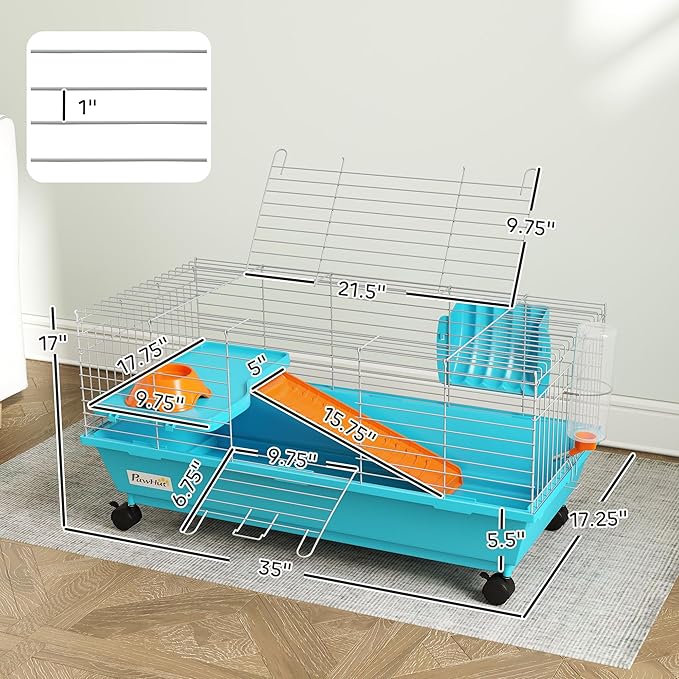PawHut 35" L Small Animal Cage, Rolling Bunny Cage, Guinea Pig Cage with Food Dish, Water Bottle, Hay Feeder, Platform, Ramp for Chinchilla, Blue