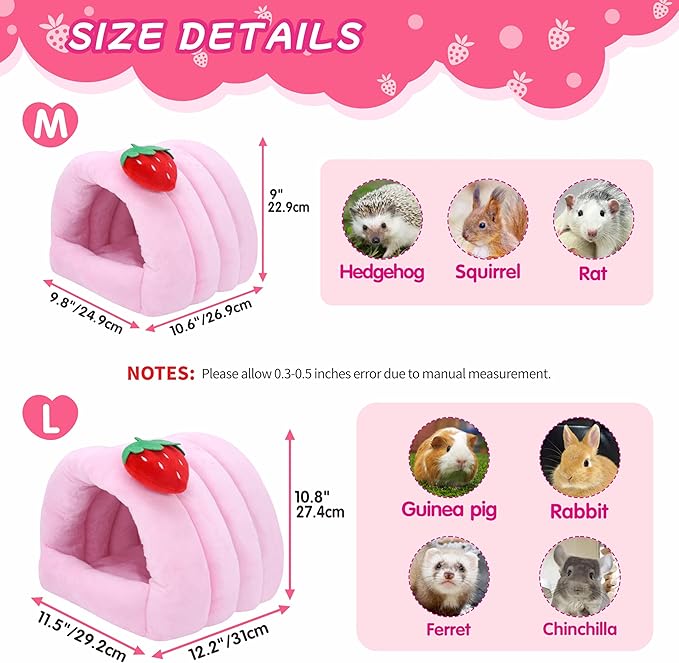3 in 1 Guinea Pig Hideout Detachable, Warm Fleece Guinea Pig Bed Washable, Multipurpose Small Animal House Bed for Rabbit, Ferret, Hedgehog, Rat and Chinchilla Cage Accessories (Medium, Pink)