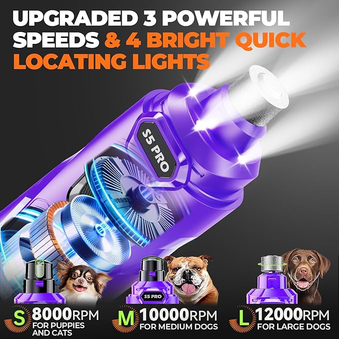 Whisper Quiet Dog Nail Grinder with LED Light, Safe & Stress-Free for Sensitive Dogs of All Breeds & Sizes, 3 Grinding Bits, 3-Speed, Pet Nail Trimmers, Rechargeable Painless Grooming Kit Purple