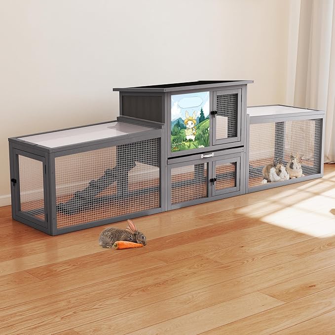 COZIWOW Large Rabbit Hutch Bunny Cage Outdoor Indoor Wooden Small Animal House with Sloped Roofs, Pet Run, No-Leak Tray, 4 Doors, Non-Slip Ramps,(Grey with Air Purifier)