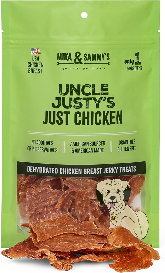 Mika & Sammy's Gourmet Jerky Dog Treats Made in The USA. (Uncle Justy's Just Chicken 5 0z)