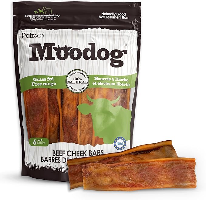 Palz&Co Moodog Beef Cheek Strips for Dogs - 6 Pack of 100% Natural Single Ingredient Treats - Grain Free, High Protein, Chewy & Crunchy Texture