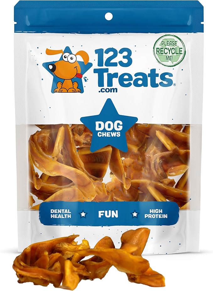 123 Treats Pig Ears Strips for Dogs - (16 Ounce) 100% Natural, Long Lasting & Highly Digestible Chew Treats, Single Ingredient, Slow Baked, Great for Puppy, Large & Medium Dogs