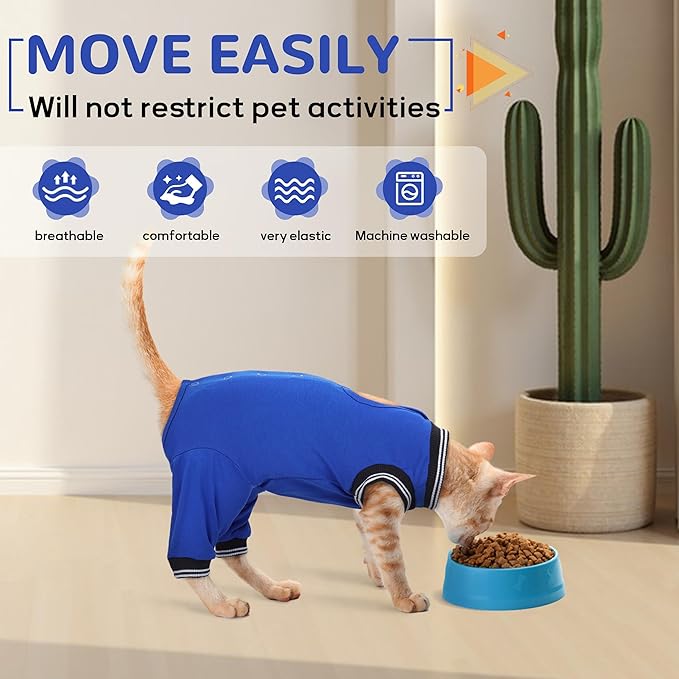 PUMYPOREITY Cat Recovery Suit for Hind Legs, Cat Surgical Spay Suit with Leg Sleeves to Stop Licking, Long Rear Sleeve Wound Cover Abdomen Kitten Onesie, Blue, S