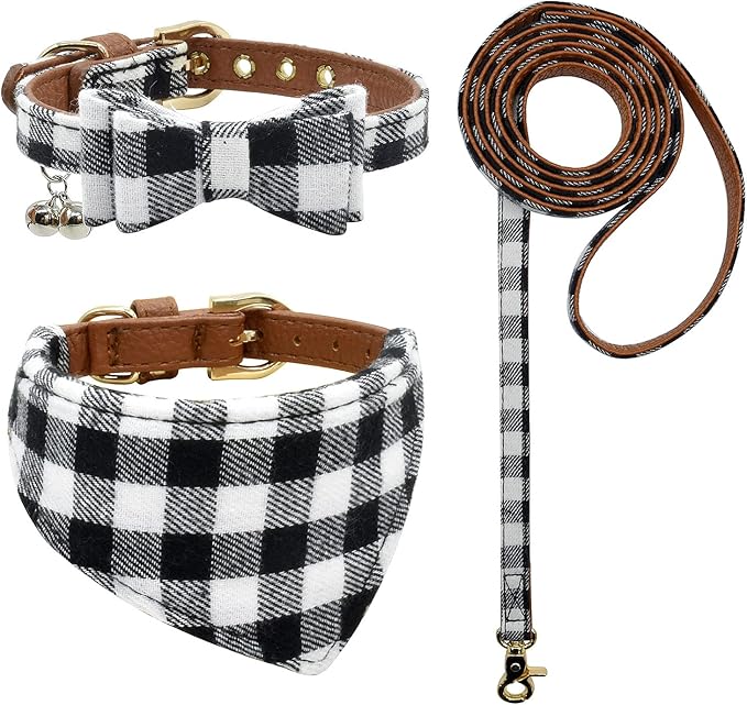 3PCS Bow Tie Dog Collar and Leash Set Plaid/Camo/Dots/Flower Dog Bandanas with Bell 3 Size Adjustable for Small Dogs Puppies and Cats (XS, Black&White Plaid)