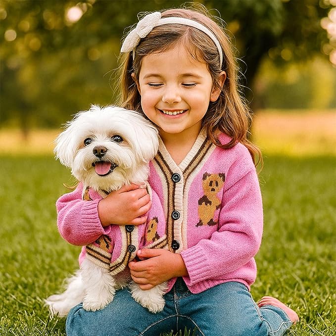 Small Dog Sweaters Cute Bear Dog Cardigans Clothes for Small Medium Dogs Boy Girl Puppy Cat Knitting Cardigan Outfits Dogs Winter Coats Warm Pet Doggy Clothes Soft Knitwear (Pink, Large)